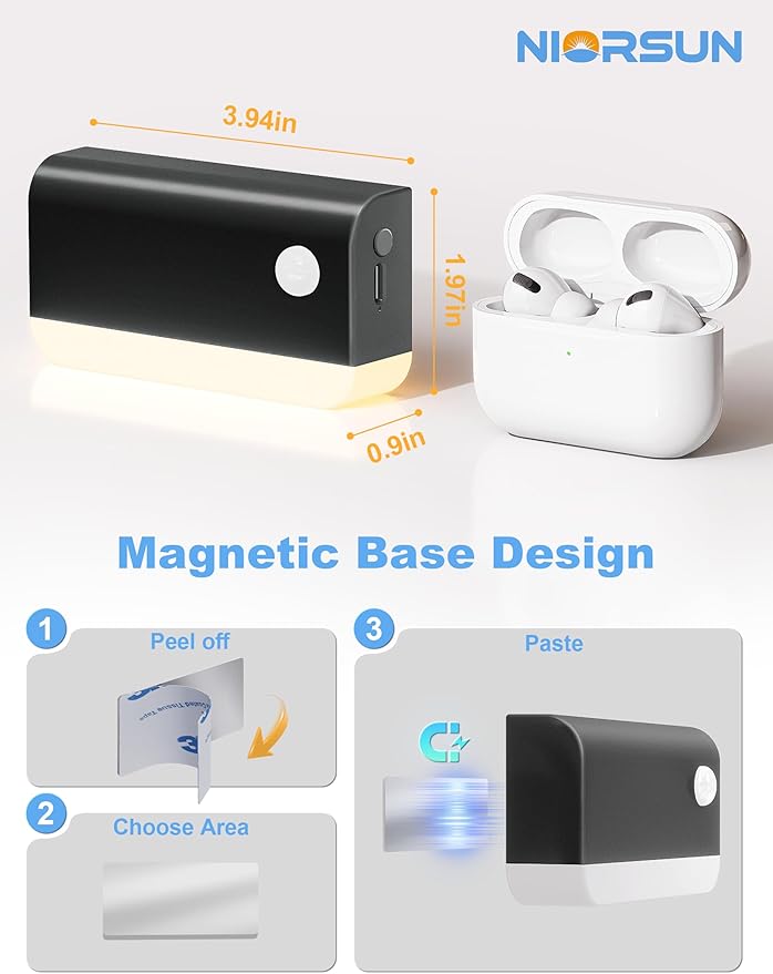 NIORSUN Motion Sensor Night Lights, 8 Pack Black Rechargeable 2-Mode Stair Lights Indoor with 3 CCT, 1200mAh Battery for 4-Month Runtime, Magnetic Wireless Nightlight for Hallway, Stairs, Bathroom