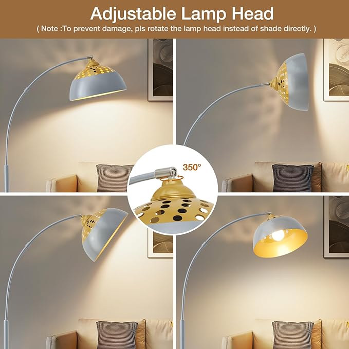Arc Floor Lamps for Living Room, 71" Standing Lamp with Adjustable Lamp Head, Silver Metal Tall Lamps with Foot Switch, Arched Reading Light for Bedroom, 9W Adjustable Temperatures Bulb Included