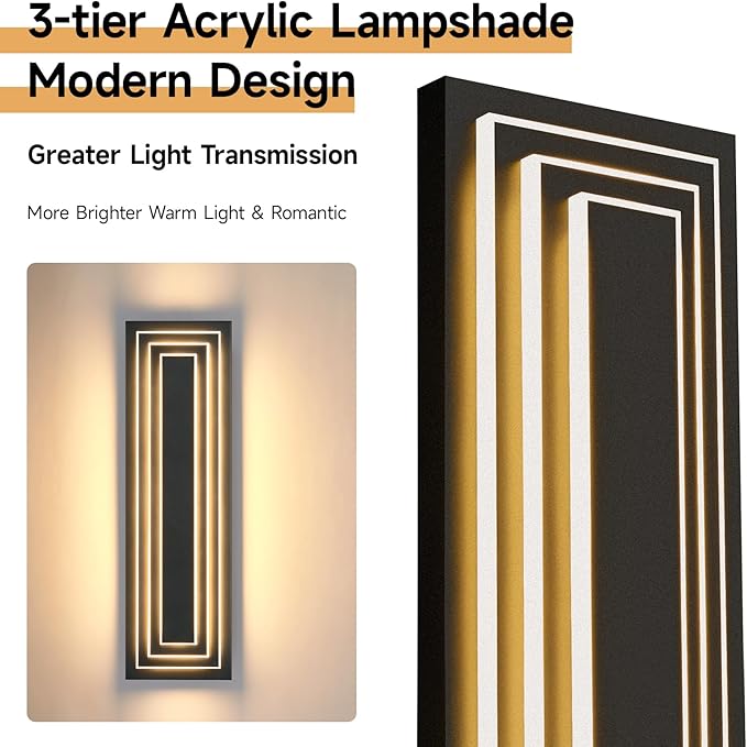 23.6 in Long Outdoor Wall Lights,3-Tier Large Exterior Lighting Fixtures,LED Front Porch Lights,Waterproof Outdoor Garage Lights 36W Warm White 3000K Modern Acrylic Wall Sconce,2 Pack