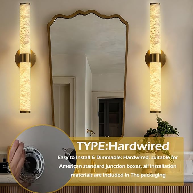 Alabaster Wall Sconce, 20.6" Gold Wall Sconce, Brass Alabaster Single Sconces, Gold Modern Bathroom Sconces, Indoor Wall Lighting for Living Room, Bedroom, Hallway, Staircase