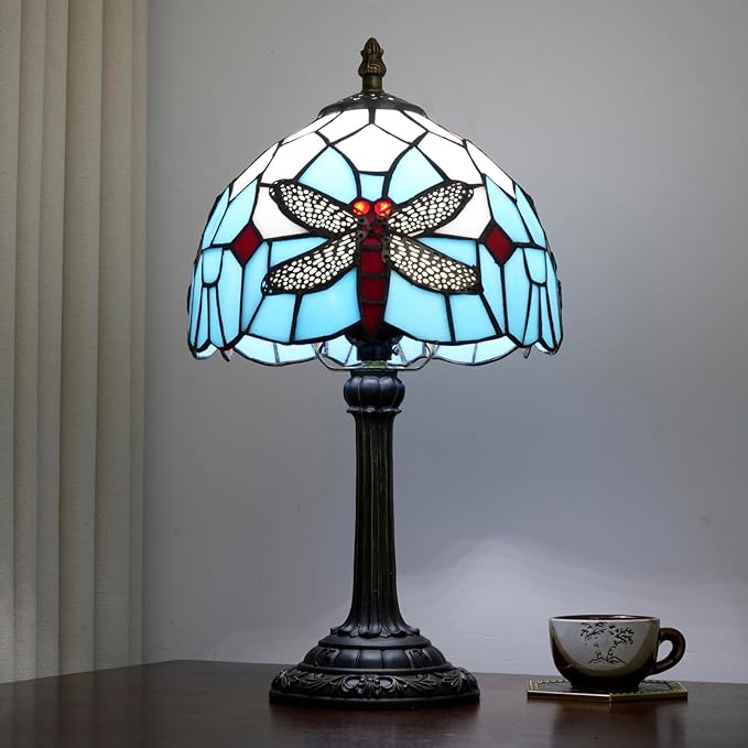 Tiffany Table Lamp Blue Dragonfly Stained Glass Bedside Lamp Antique Unique Cute Accent Nightstand Light for Home Living Room Office Dormitory Bar Decorate