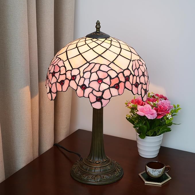 Tiffany Lamp - Cherry Blossom Stained Glass Table Lamp 12x12x18 Inches - Cherry Blossom Style Desk Reading Light - Bedroom & Living Room Decor