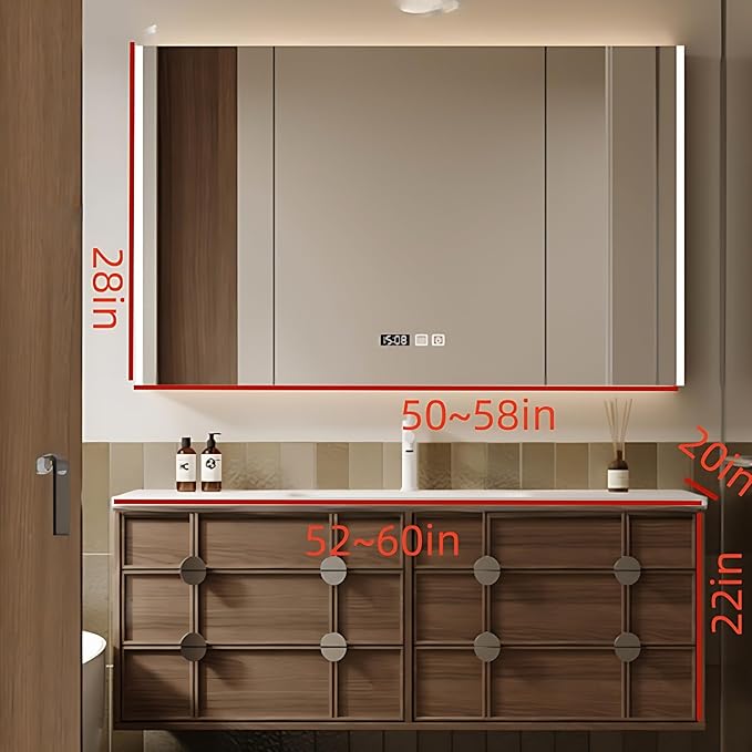 Bathroom Vanity - Wall Mounted Cabinet with 4 Drawers & Integral Ceramic Wash Basin | Smart Mirror Including LED Light Defogging (Style A, 56in)