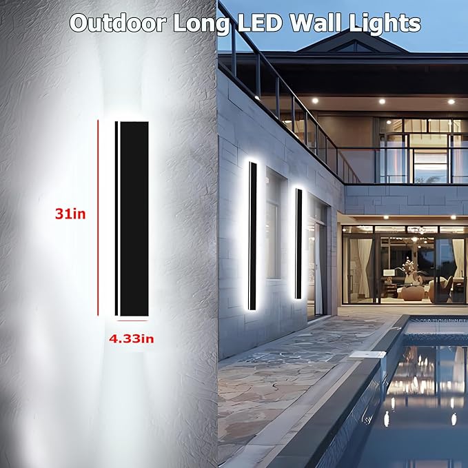 2pcs 31in Exterior Wall Lights,4.33in Wide Dimmable Modern Outdoor Wall Lights for Garage and Front Door,Linear Outdoor Wall Sconce IP65 Waterproof,Black LED Outdoor Long Light Fixture