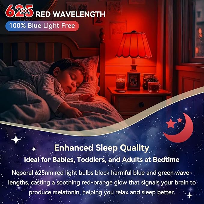 Neporal 625nm Red Light Bulbs for Sleep 3W, 100% Blue Light Blocking Light Bulbs for Melatonin Promoting, A19 LED 40W Equivalent Dim Red Night Light Bulb for Baby Nursery, Sleeping, Reading, 4-Pack