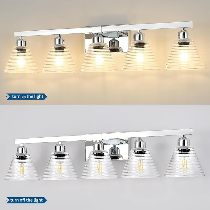 5-Light Modern Bathroom Vanity Lights, Nickel Bathroom Light Fixtures with Clear Glass Shade, Farmhouse Wall Sconces for Mirror Kitchen Bedroom Living Room