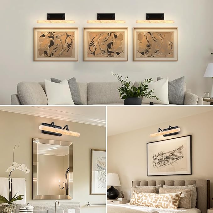 2-Pack 18" Alabaster Picture Light, Black Hardwired Wall Sconce Bathroom Mirror & Paintings, Adjustable Vanity Light Natural Alabaster LED Light Fixture for Hallway Bedroom Living Room