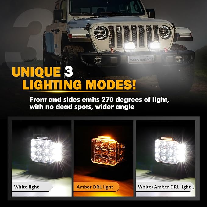Auxbeam 5" 168W LED Cube Pods Offroad Driving Light with Amber Covers, 16440LM Bright Square Offroad Lights with Side Shooter 270° Combo Beam Ditch Light, DRL for Jeep ATV Wrangler Ford Truck Pickup