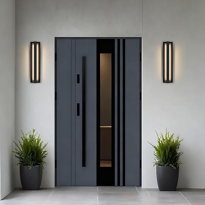 LamQee 23.6" Aluminum Long Outdoor Modern LED Wall Lights with Ribbed Glass, 2900K 2000LM Linear Exterior Lighting Fixture Wall Mount, IP65 Waterproof Black Outside Sconce for House Porch Garage Patio