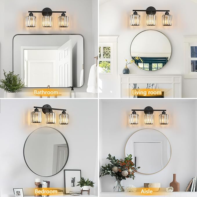 Modern 3 Light Crystal Vanity Light, Black Vertical Bathroom Light Fixture Over Mirror for Dressing Table Sink, Compatible with Dimmable Bulbs (Bulbs Not Included)