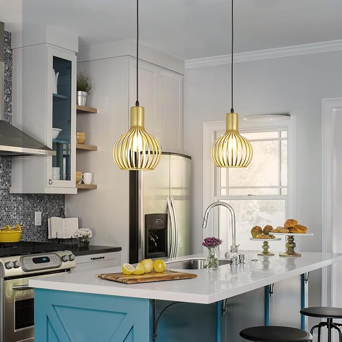 DLLT Plug in Pendant Light Fixtures, Adjustable Gold Pendant Lighting Over Sink, Farmhouse Metal Pendant Lights Kitchen Island, Vintage Brass Hanging Light for Living Room, Dining Room, Bedroom, E26