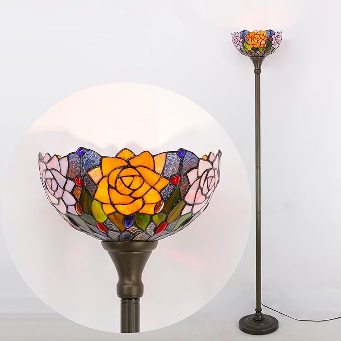 Tiffany Torchiere Floor Lamp Stained Glass Orange Red Rose Flower Style Standing Corner Torch Uplight 12X12X72 Inch for Bedroom Living Room Home Office