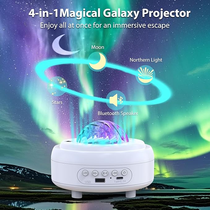 Star Projector with Bluetooth Speaker, 1800mAh Battery Operated Night Light Galaxy Projector, Northern Lights Aurora Projector with Moon, Mood Ambient Lighting for Bedroom Kids Girls Adults