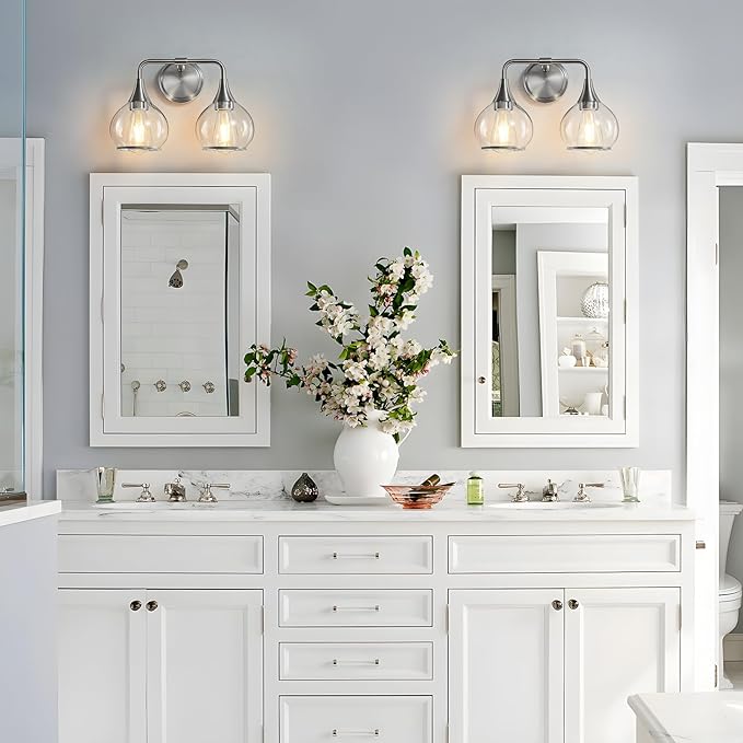 Brushed Nickel Bathroom Vanity Light 2 Lights Bathroom Light Fixtures Over Mirror with Clear Glass Shade 14 inch Wall Sconce Lighting Bath(Exclude E26 Bulb)