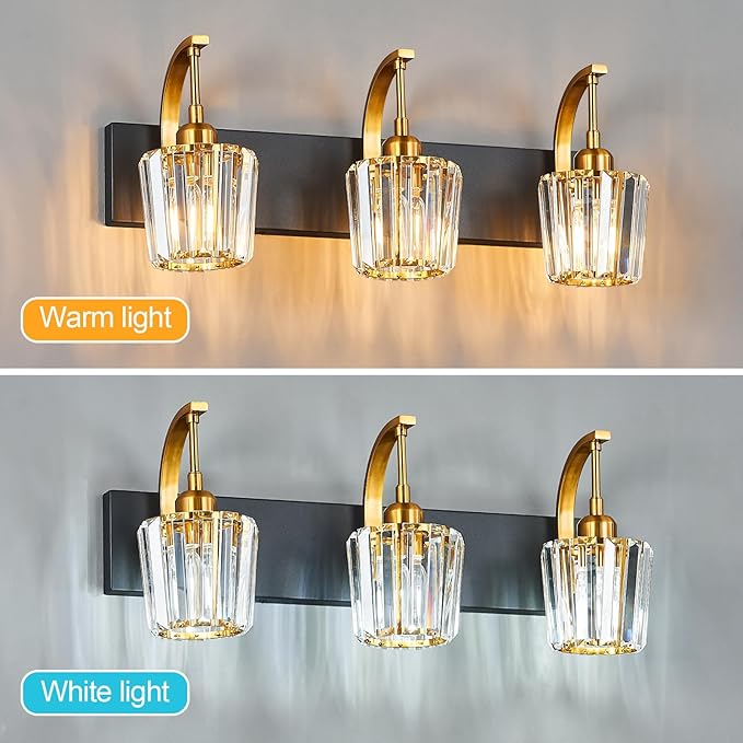 Modern Bathroom Vanity Light, 3-Light Black Gold Wall Sconce with Crystal Accents, Over Mirror Bathroom Lighting Fixture, 23.62" Long Dimmable Vanity Lamp for Makeup, Easy Installation