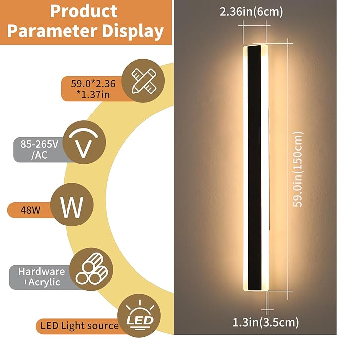 Modern Outdoor Wall Light, 59inch Long LED Wall Sconce, IP65 Waterproof, 3000K Warm White, Black Linear Exterior Lighting Fixture Garage Lamp for Porch, Patio, Garage, Shop, Garden