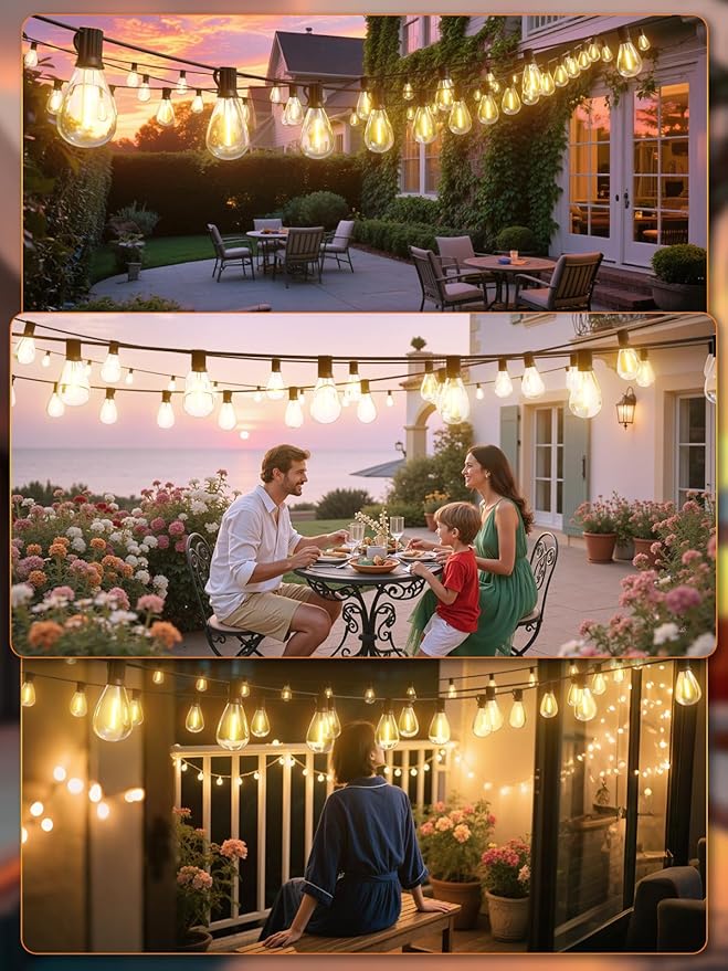 luckystyle 15FT LED Outdoor String Lights with Remote, 6+1 Shatterproof Bulbs Waterproof and Dimmable Patio Lights for Porch, Garden, Backyard, Deck, Balcony, 2700K Hanging Lighting