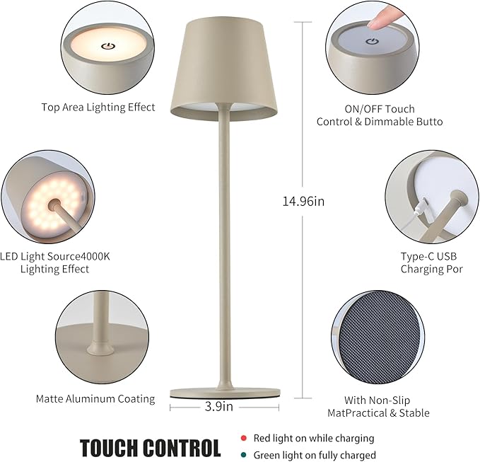 BGFHome Cordless Table Lamp LED Desk lamp,5000mAh Rechargeable Touch Night Light Wireless Minimalist Design for/Restaurant/Bedroom/Bars/Outdoor Party/Camping/Coffee Shop 2Pack