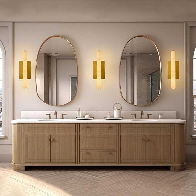 Alabaster Wall Sconces, 15in Brass Alabaster Sconce, Modern Spanish Natural Marble Sconces Lights, Rectangle Gold Sconces for Bathroom Vanity Bedroom Living Room Staircases Hallway
