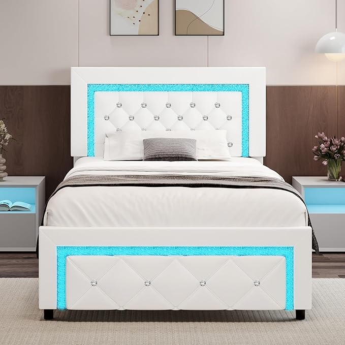 Twin Bed Frame with LED Lights, Upholstered Platform Bed with Diamond Tufted Headboard, No Box Spring Needed, Noise Free, Easy Assembly, White