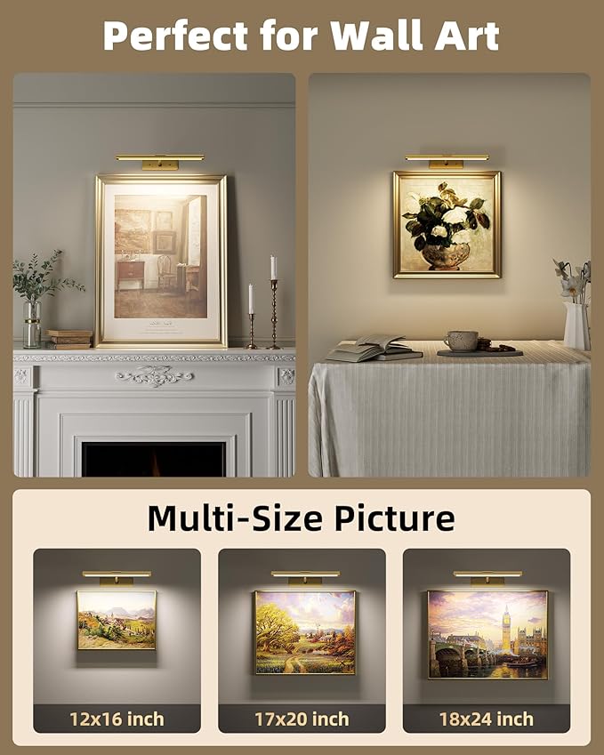 EZVALO Picture Light for Wall, 4800mAh Rechargeable Wireless Remote, 13in Dimmable Magnetic LED Art Display Light with 3 Color Temperatures, for Gallery, Living Room, Bedroom, Hallway (Gold)