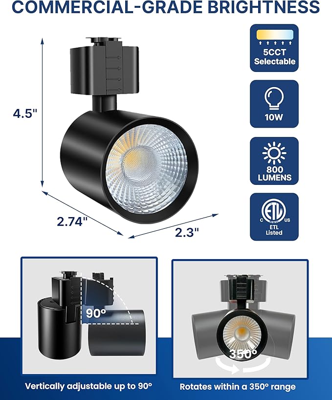 FLSNT LED Track Light Head 10W, 60W Equivalent, 2-Wire Juno Compatible, 5CCT Adjustable (2700K, 3000K, 3500K, 4000K, 5000K), 800 Lumens, CRI90, Dimmable, 120V Spotlight for Ceiling 12 Pack Black