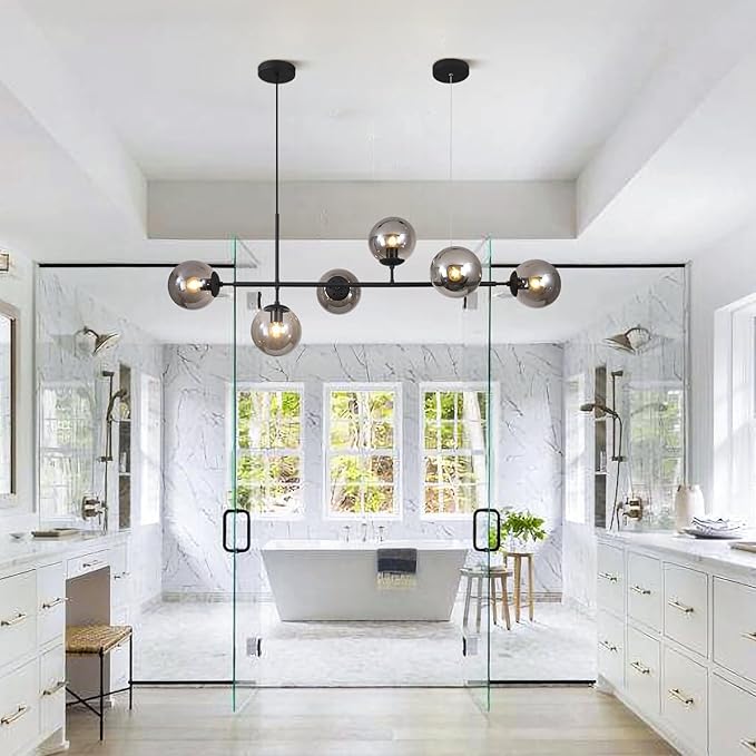 KCO Lighting 6-Light Mid Century Modern Rectangle Sputnik Chandelier Black Farmhouse Linear Chandelier Glass Globe Pendant Light Vintage Kitchen Island Lighting (Black+Smoke Gray)
