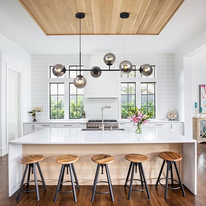 KCO Lighting 6-Light Mid Century Modern Rectangle Sputnik Chandelier Black Farmhouse Linear Chandelier Glass Globe Pendant Light Vintage Kitchen Island Lighting (Black+Smoke Gray)