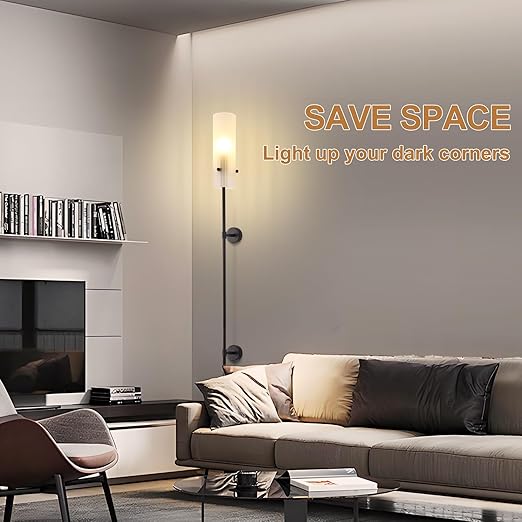 Modern Plug in Wall Sconce LED Wall Light Set of Two with On Off Switch, Cylindrical Frosted Glass Plug in Sconce for Living Room Wall Decro, Bedroom, Hallway