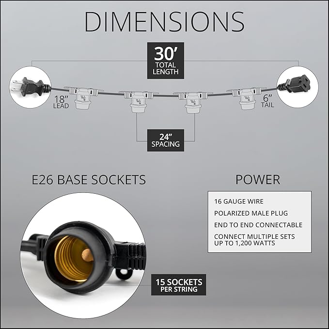 Wintergreen Lighting 30-ft 15 Socket E26 Commercial Patio Light Stringer, Heavy Duty Weatherproof SJTW Black Wire, 24" Spacing, 16 Gauge Wire, Stringer Only