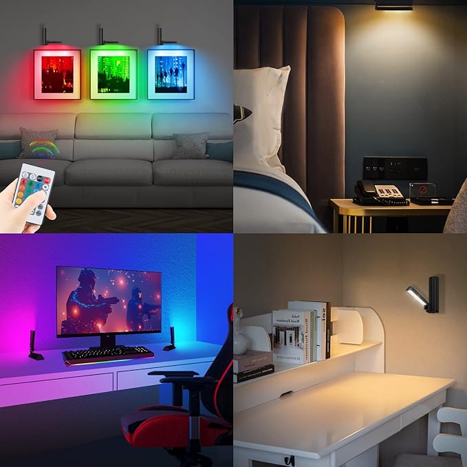 BIGMONAT Wireless Wall Light Battery Powered, Portable Night Light with Remote, Rechargeable Color Changing TV Stand Backlight, RGB Light for Bedside Reading Picture Painting Home Decor