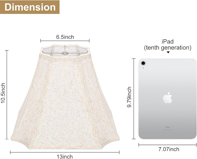 Square Cut Corner Bell Lamp Shades Set of 2, 6.5" x 13"x 10.5" Medium Beige Lampshades Natural Linen Hand Crafted, Include 2 Pack Lamp Harps, Suitable for E26 and Saddle Base, Easy Assembly Required