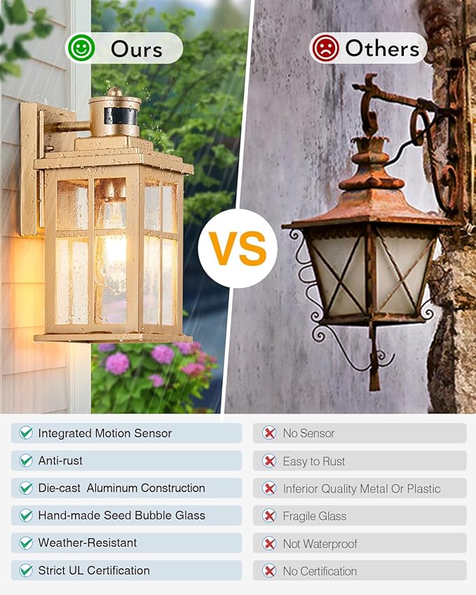 VIANIS Motion Sensor Porch Lights Outdoor, Gold Dusk To Dawn Outside Light Fixtures for House, Modern Exterior Garage Lights Wall Mount Sconce for Front Door Patio with Tempered Seeded Glass Anti-Rust