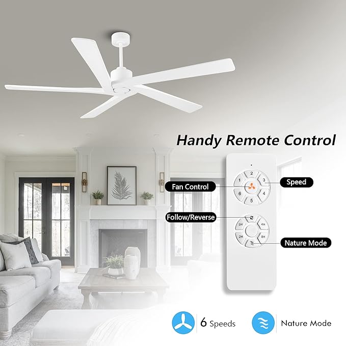 WINGBO 72 Inch DC Ceiling Fan No Light with 3 Downrods, 5 Reversible Carved Solid Wood Blades, 6-Speed Noiseless DC Motor, Ceiling Fan without Lights in White Finish, ETL Listed