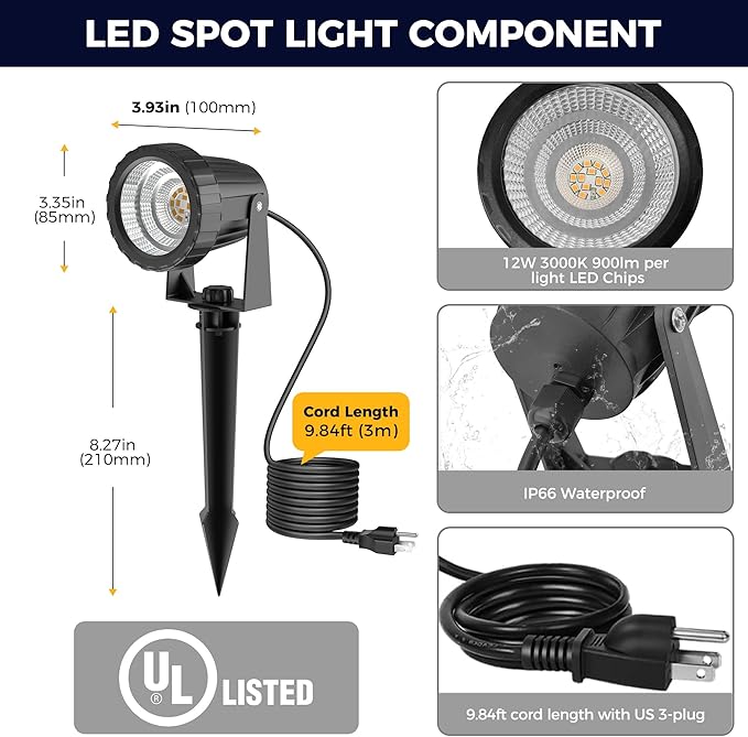 L LOHAS LED 12W Dusk to Dawn Outdoor Lighting, Auto On/Off 3000K Landscape Outdoor Spotlight, IP66 Waterproof Plug in Spot Lights for Yard, Garden, House, Pathway, Plant(4 Pack)