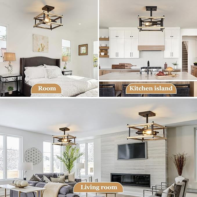 Farmhouse Ceiling Light Fixture 2-Light Square Hallway Light Black and Metal Frame Wood Grain Vintage Industrial Ceiling Lamp for Bedroom Kitchen Foyer Living Room Dining Room