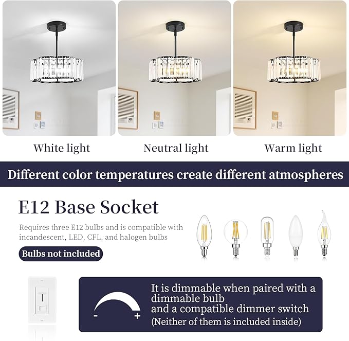 Black Crystal Chandelier for Dining Room,Modern Semi Flush Mount Ceiling Light Fixtures,3-Ligh Round Kitchen Hanging Drum Pendant Light Fixture for Hallway Entryway Foyer Laundry Room, 12''