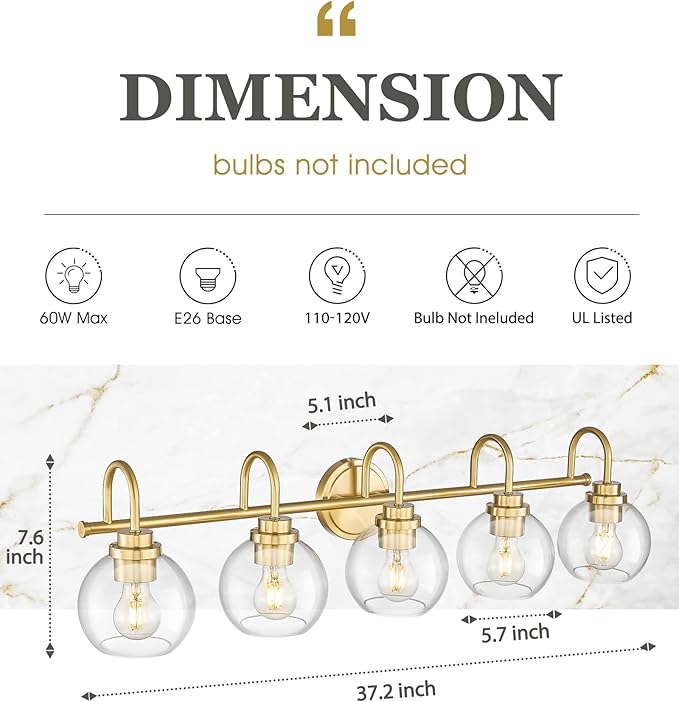 Bathroom Light Fixtures, 5-Light Brushed Gold Vanity Lights with Globe Clear Glass, 35 Inch Champagne Bronze Vanity Lighting Fixtures Over Mirror, AD-22280-5W-GD