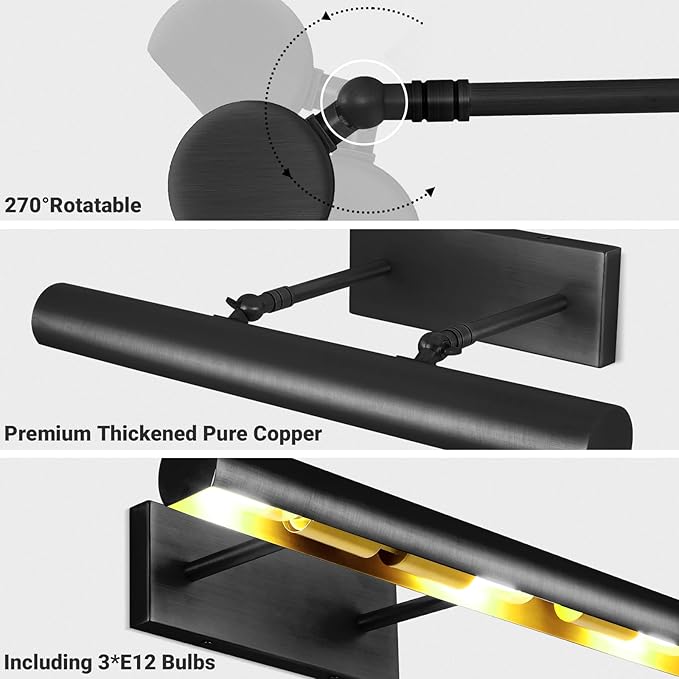 Black Picture Light, 18inch Hardwired Picture Lights, Rotatable Picture Lights for Wall, Picture Frame Lights for Pictures, Linear Art Light for Wall Painting Display Artwork,Bathroom