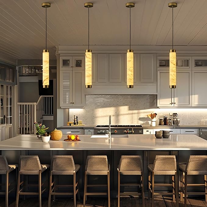 20" Alabaster Pendant Lights, Natural Marble Cylinder Brass Pendant Light, Adjustable Modern Ceiling Light Fixtures for Kitchen Island, Dining Room, Bedroom, Living Room, Bathroom