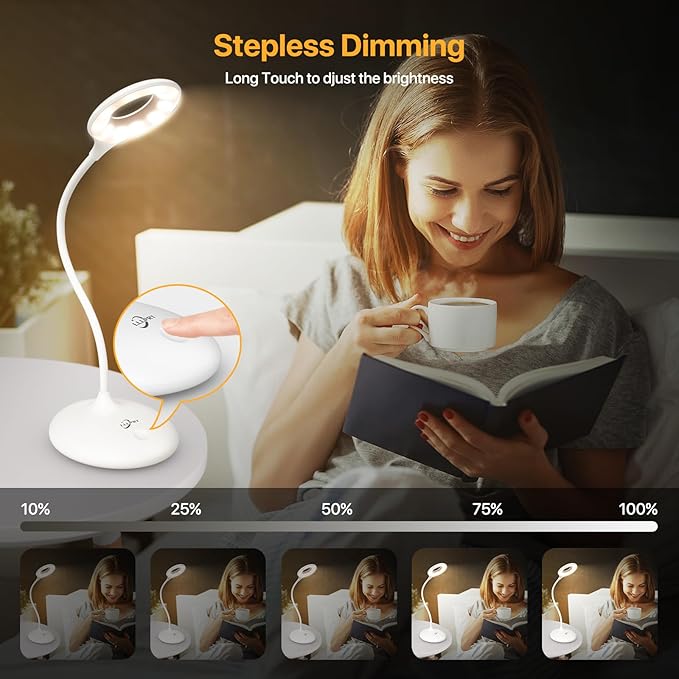 LED Desk Lamp with 3 Color Modes, Touch Control 30 LEDs Table Lamp, Stepless Dimming Reading Light,360° Flexible, Rechargeable Portable Eye-Caring Sleep Aid for Dorm Study Office Bedroom, White