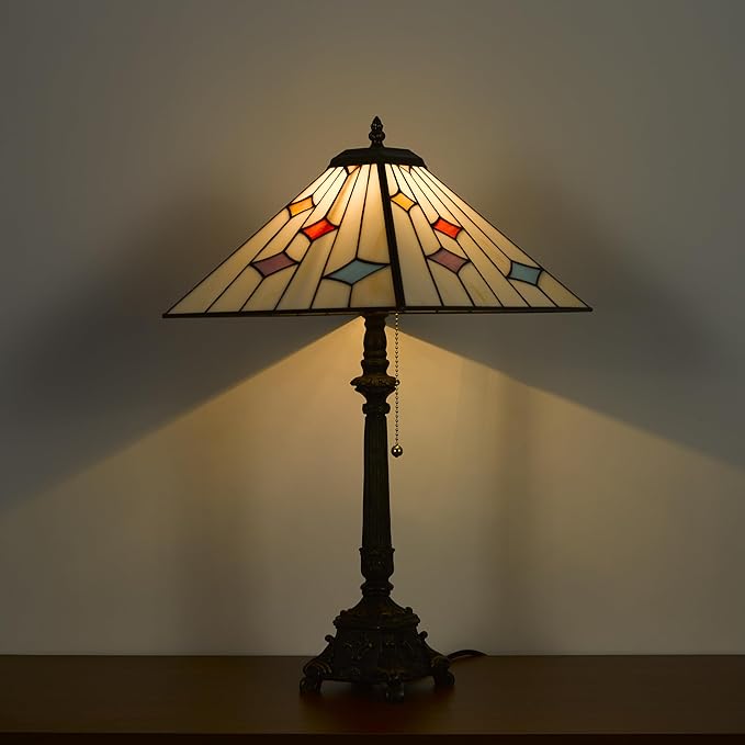 Tiffany Table Lamps White Stained Glass Stripes Checkered Style Mission Desk Lamp 12X12X24 Inch Bronze Resin Base