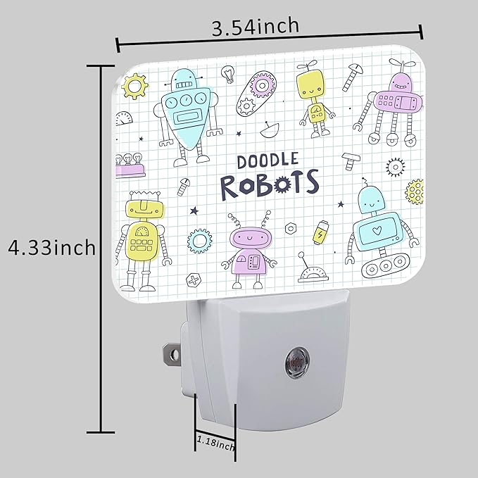 Doodle Cute Robots Night Light for Kids Girls Boys, Funny Robots LED Night Light Plug into Wall with Dusk to Dawn Sensor for Bedroom, Hallway, Kitchen, Bathroom, Stairs Decor