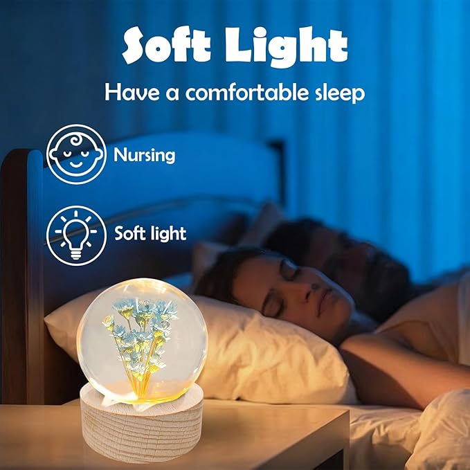 Blue Daisy Lamp,2.4-Inch Flower Crystal Ball Night Light, Real Daisy Inside with Wood Base, Warm Bedroom Glow (Blue Daisy)
