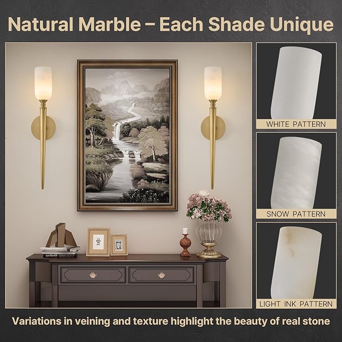 Vintage Alabaster Brass Wall Sconce: Set of 2 Antique Spanish Natural Marble Modern Vanity Wall Lights - 21.6" Long Linear Brushed Gold Sconces - Indoor Sconce for Bathroom Hallway Bedroom Living Room