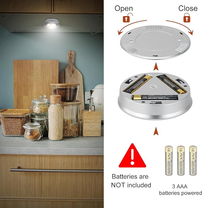 LUXSWAY LED Puck Lights, Battery Operated Tap Lights, Mini Night Touch Light, Stick On Light, Under Cabinet and Counter Lighting for Kitchen Sink, Shelf, 6-Pack, Silver