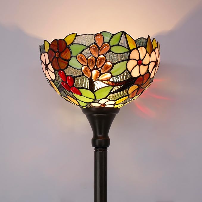 Tiffany Torchiere Floor Lamp Stained Glass Purple Grape Style Standing Corner Torch Uplight 12X12X72 Inch for Bedroom Living Room Home Office