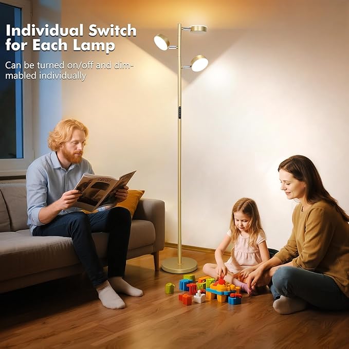 Tree Floor Lamp for Living Room - Modern Glod Standing Lamp, LED Floor Light with Remote & Touch, 3000K-6000K Dimmable for Bedroom Office Reading (3 Head)