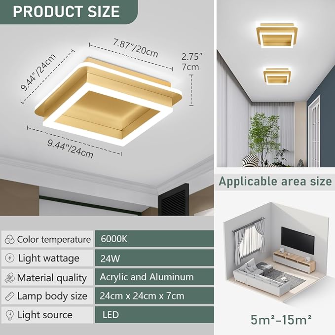 CANEOE Square LED Hallway Ceiling Light, Gold Modern Led Ceiling Light Fxitures, 6000K Cold White Small Flush Mount Ceiling Lamp for Hallway Bedroom Kitchen Balcony Cloakroom