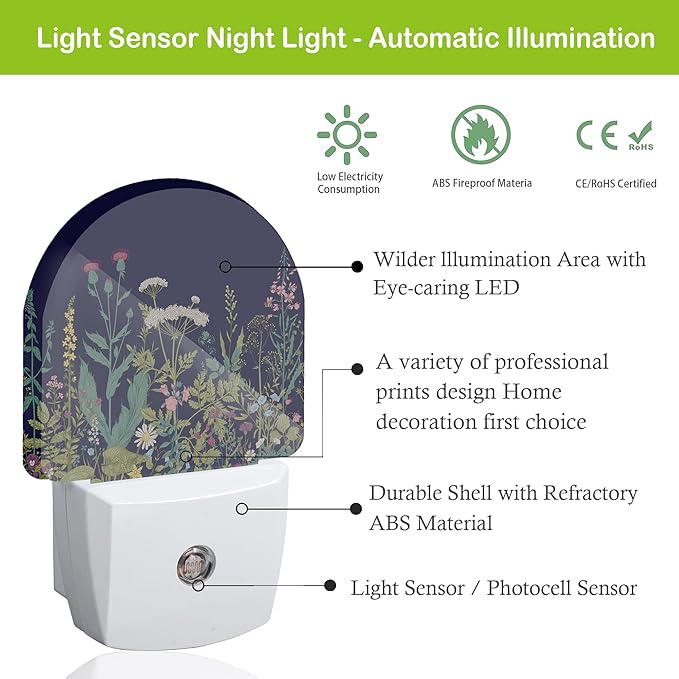 Herbs Wild Flowers Night Light,Plug into Wall Nightlights with Dusk to Dawn Light Sensors,Nightlights for Bedroom/Bathroom/Hallway/Kitchen,Nightlight for Boys Girls Women Men